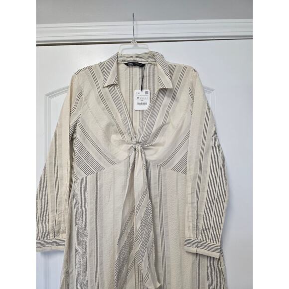 NWT Zara V Neck High Waisted Dress Striped Bow Cream Black Size Med Lightweight - Picture 8 of 11
